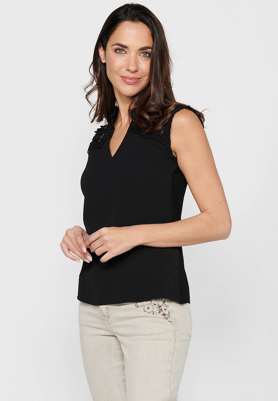 Camiseta fluida sin mangas con Cuello redondo de Color Negro para Mujer 6