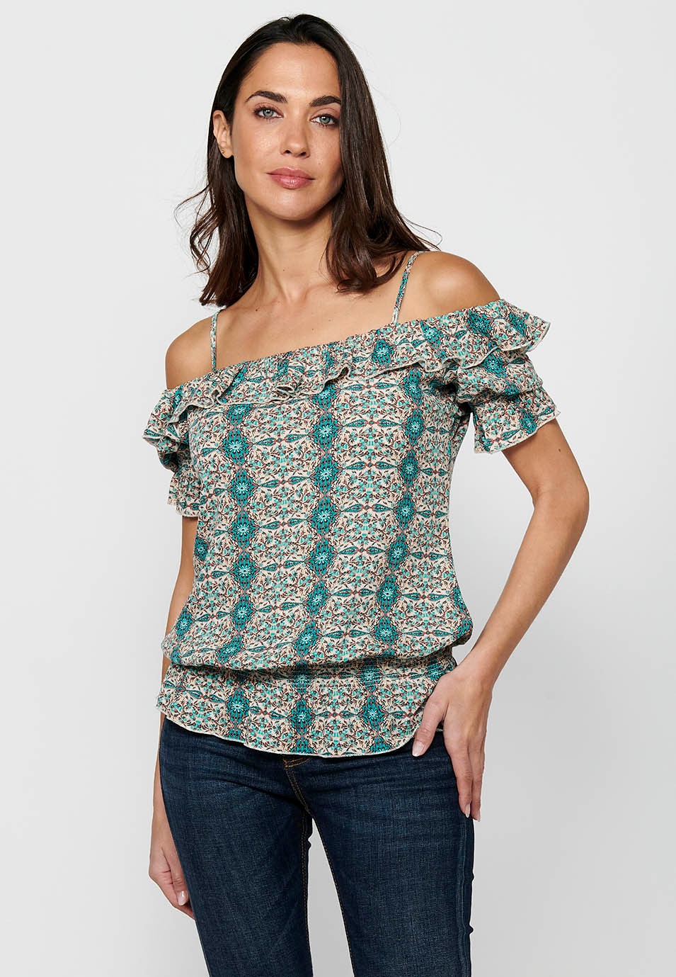 Blusa de manga corta con tirantes en los hombros y estampado floral de color azul para mujer | Moda Actual