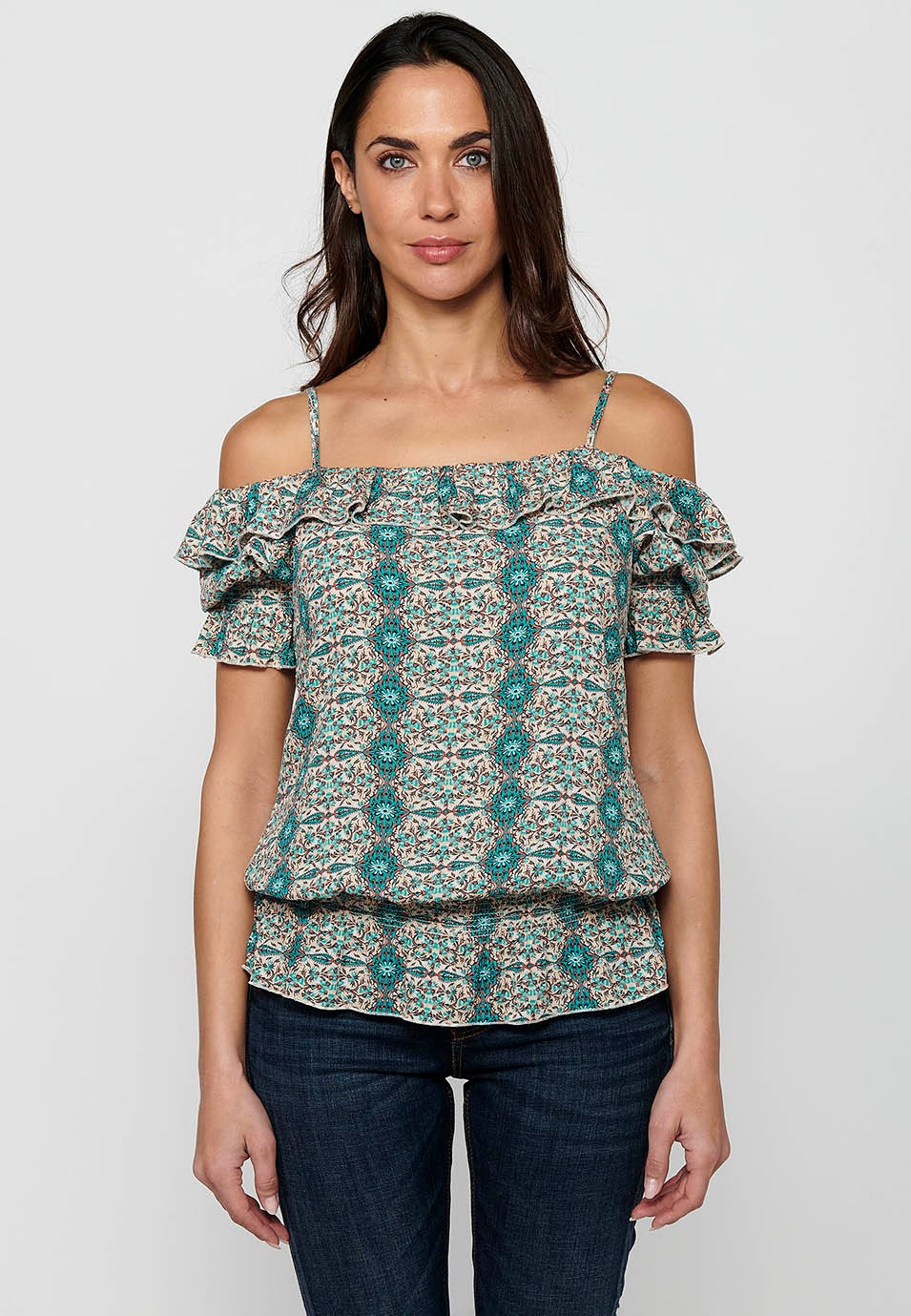 Short Sleeve Blouse with Shoulder Straps and Blue Floral Print for Women 2
