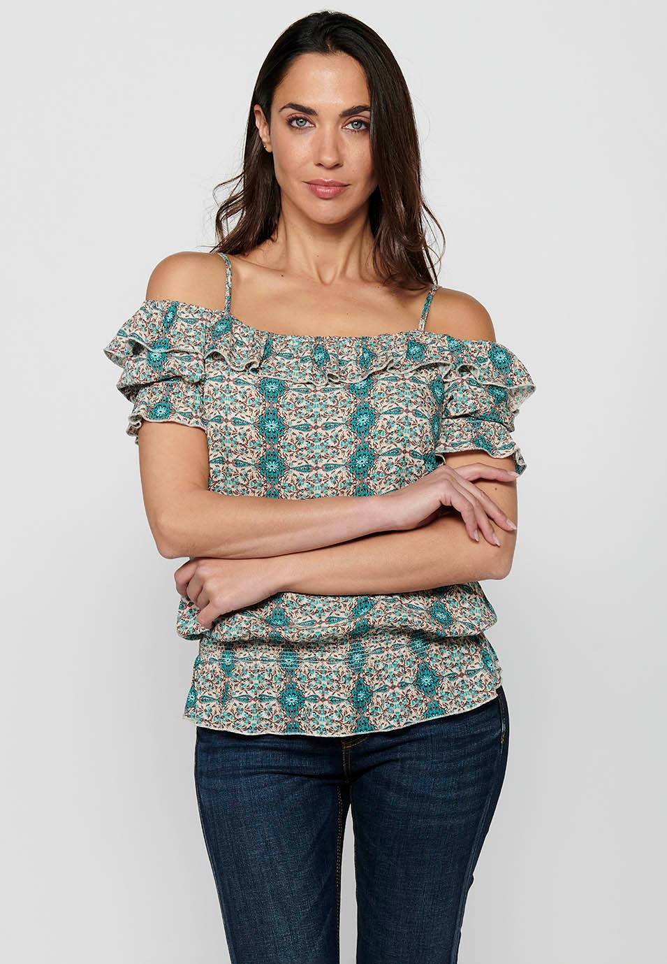 Blusa de manga corta con tirantes en los hombros y estampado floral de color azul para mujer | Moda Actual 3