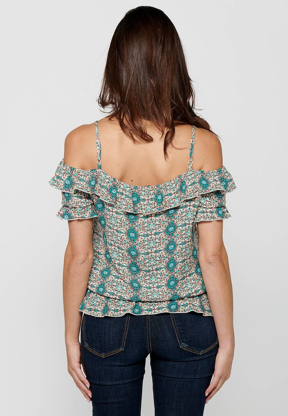 Blusa de manga corta con tirantes en los hombros y estampado floral de color azul para mujer | Moda Actual 1