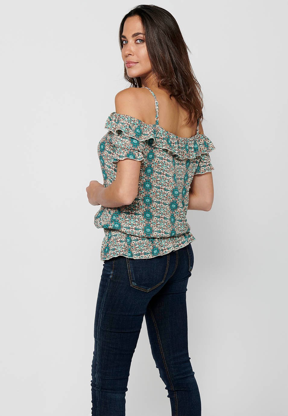 Short Sleeve Blouse with Shoulder Straps and Blue Floral Print for Women 6