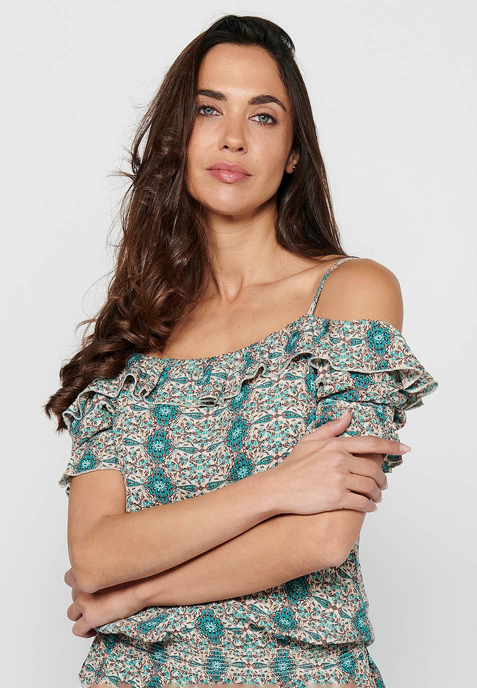 Blusa de manga corta con tirantes en los hombros y estampado floral de color azul para mujer | Moda Actual 5