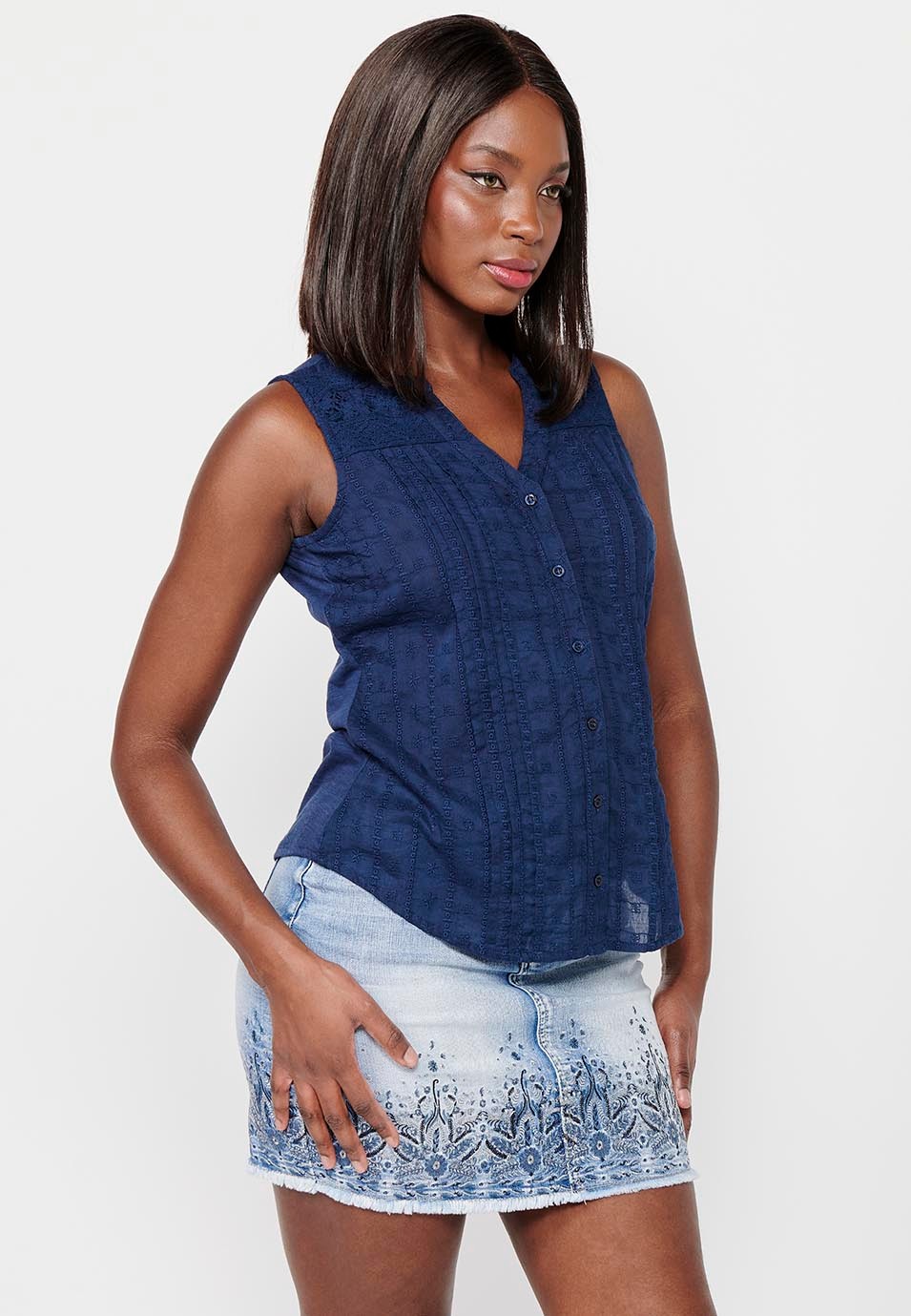 Embroidered Fabric Sleeveless Blouse with V-Neckline and Front Closure with Navy Color Buttons for Women 6