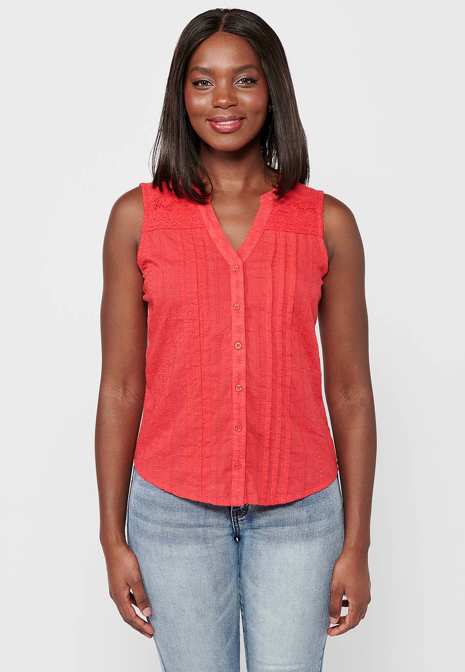 Blusa sin mangas de Tela bordada con Escote pico y Cierre delantero con botones de Color Coral para Mujer 5