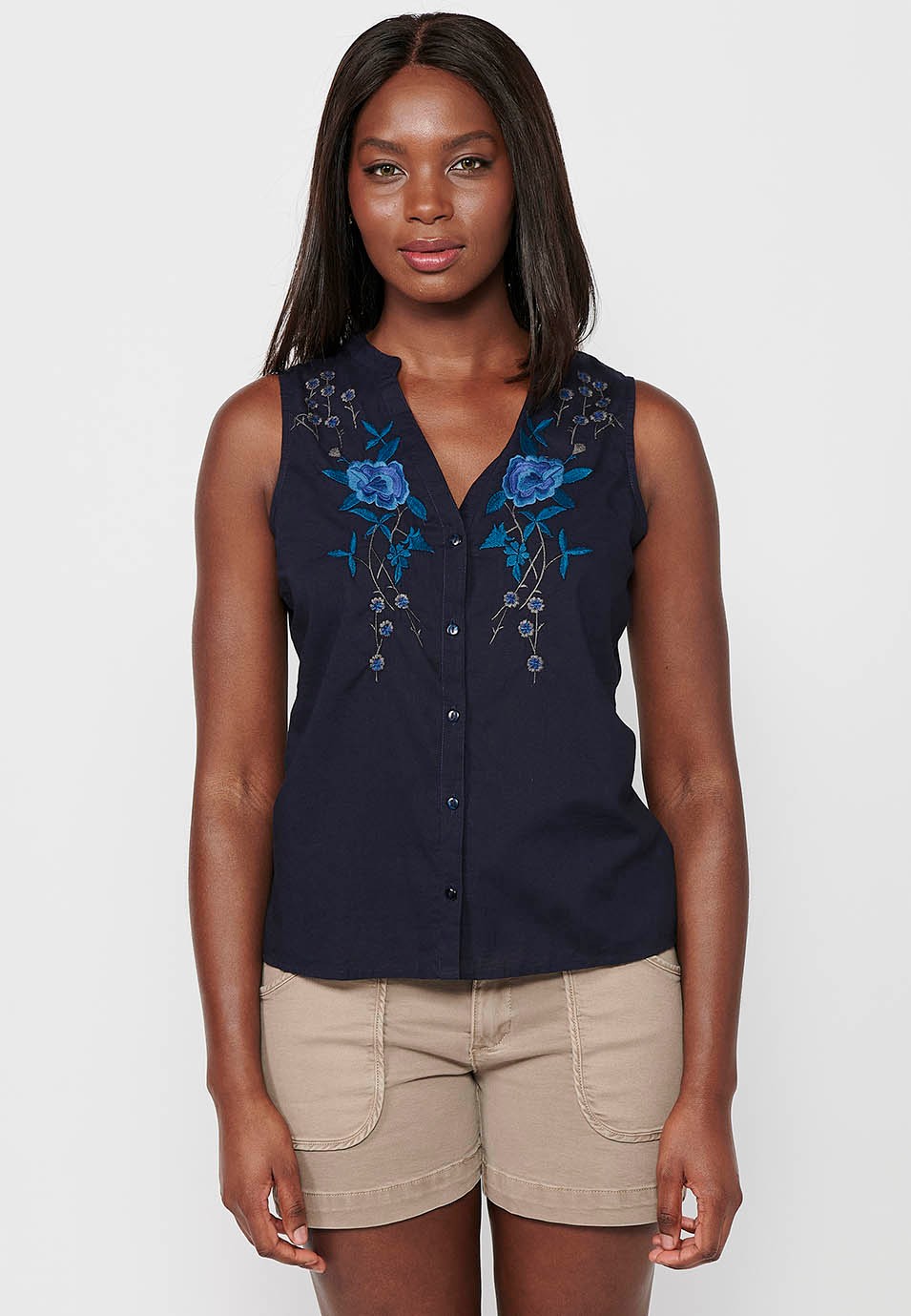 V-neck sleeveless blouse with front button closure and front floral embroidery in Navy for Women 3