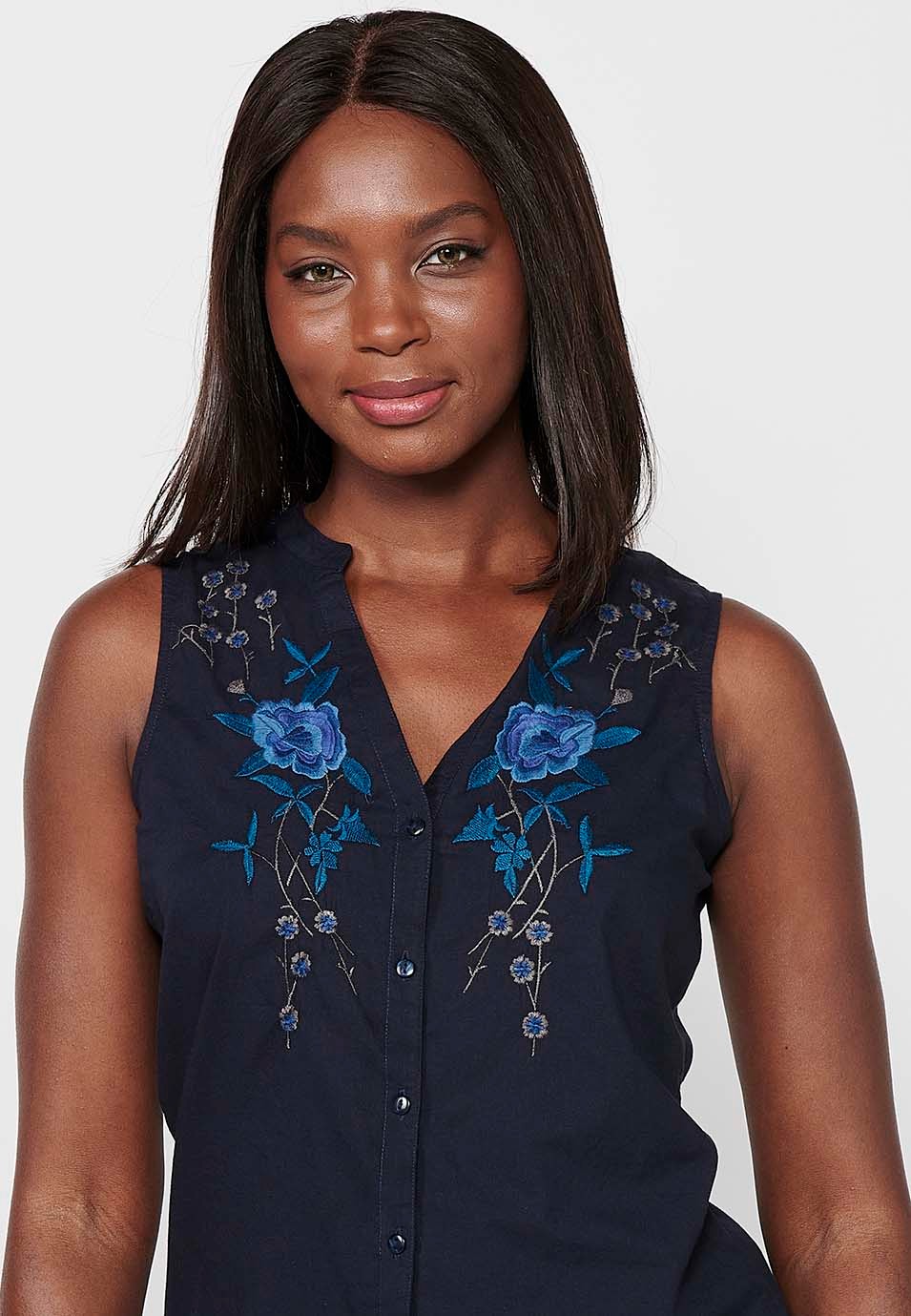 V-neck sleeveless blouse with front button closure and front floral embroidery in Navy for Women 6