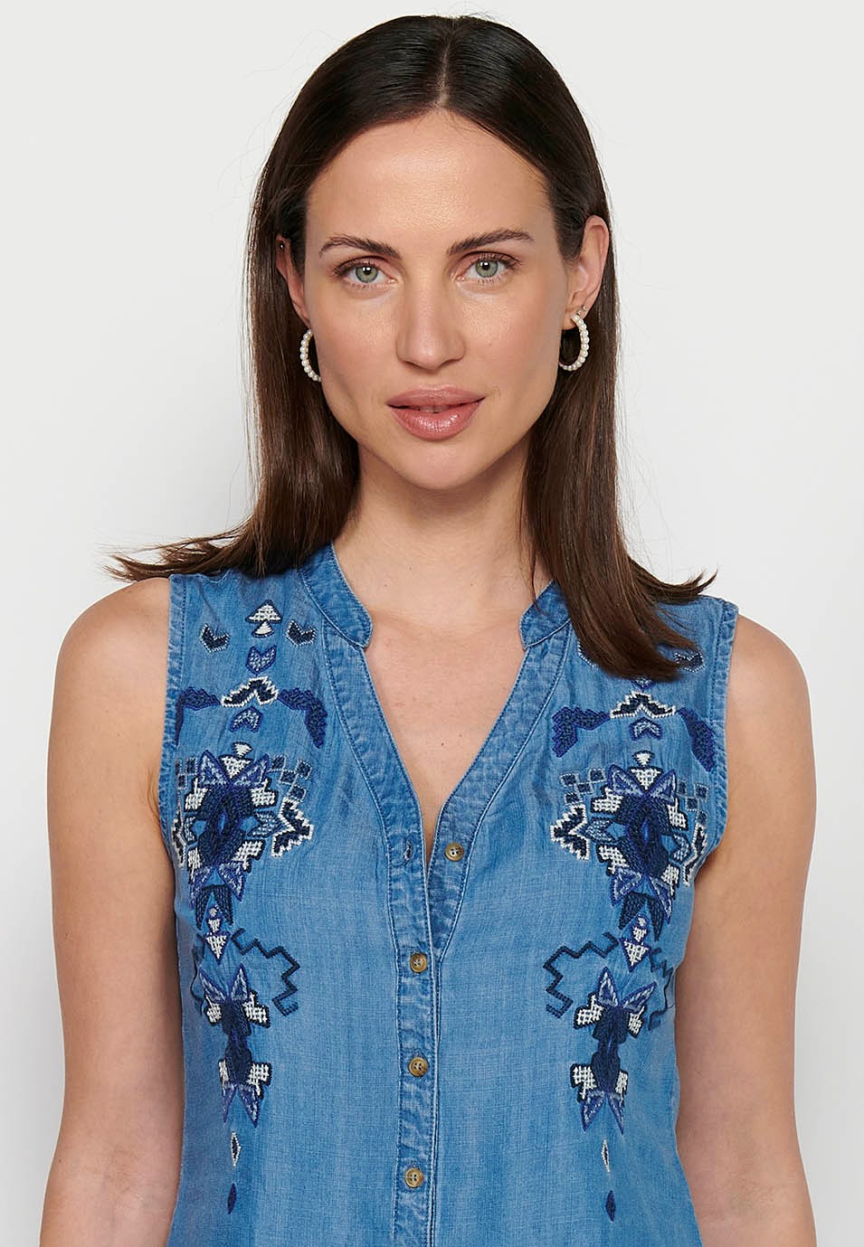 Ärmellose Bluse im Hemdstil, blaue Farbe für Damen
