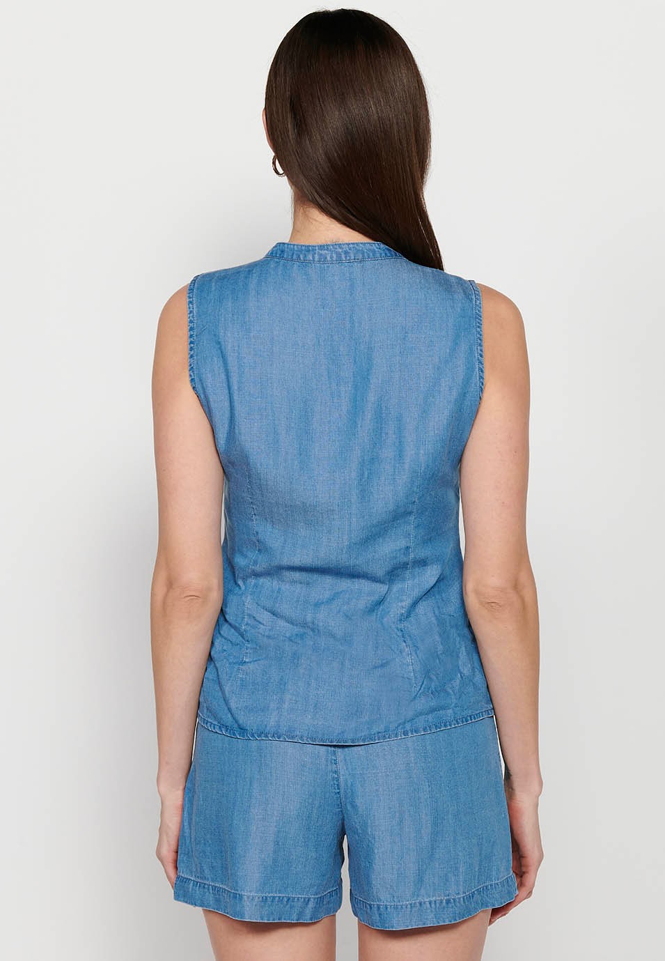Blusa sin mangas estilo camisero, color azul para mujer