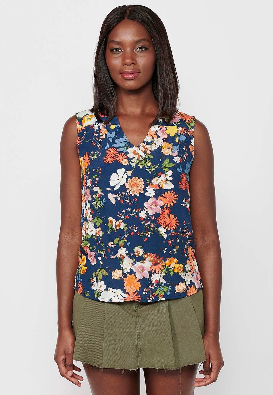 Women's Multicolor Floral Print Button Front Closure Shirt Style Sleeveless Blouse
