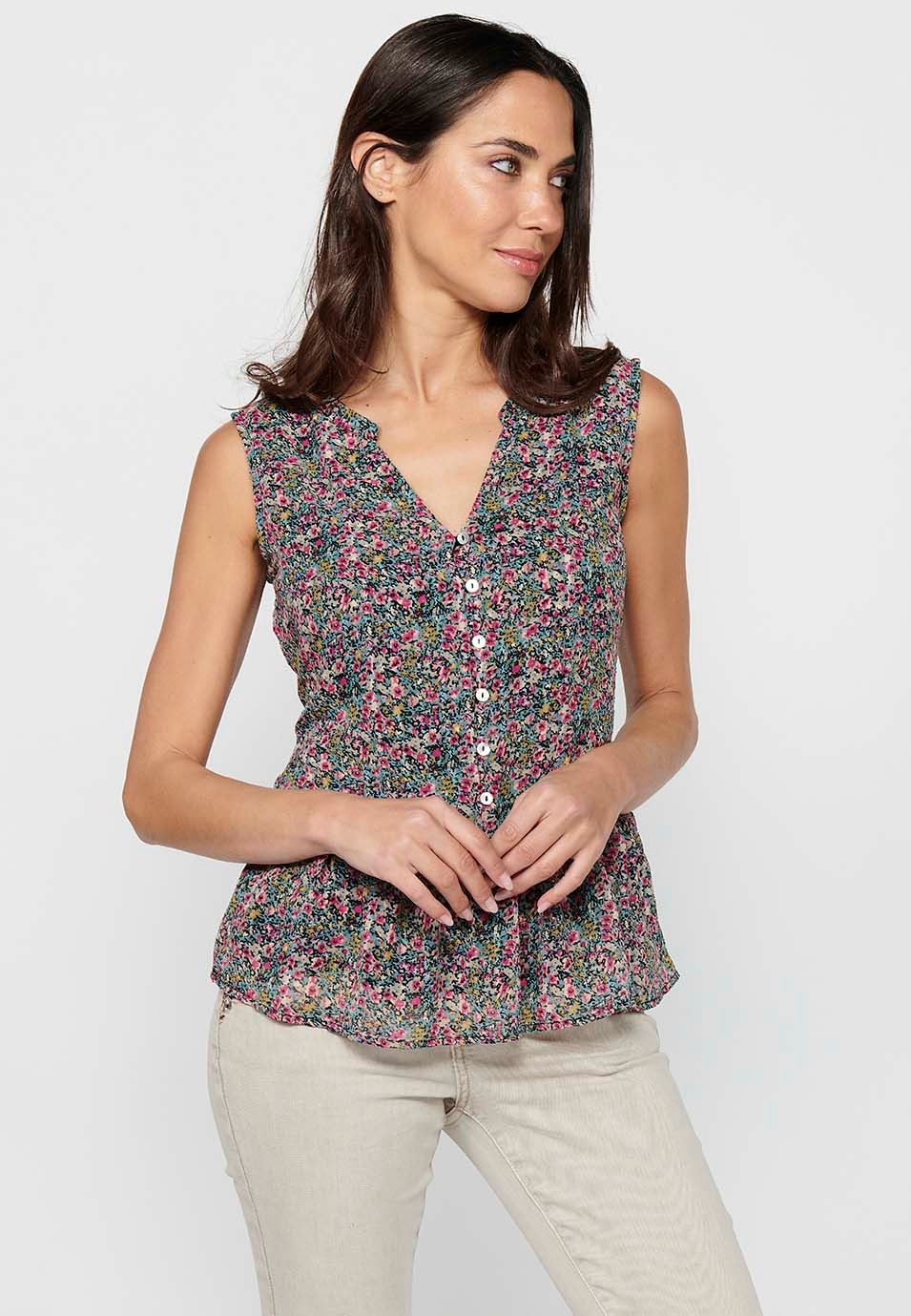 Sleeveless blouse with V-neck and floral print with ruffle finish and front button details in Multicolor for Women