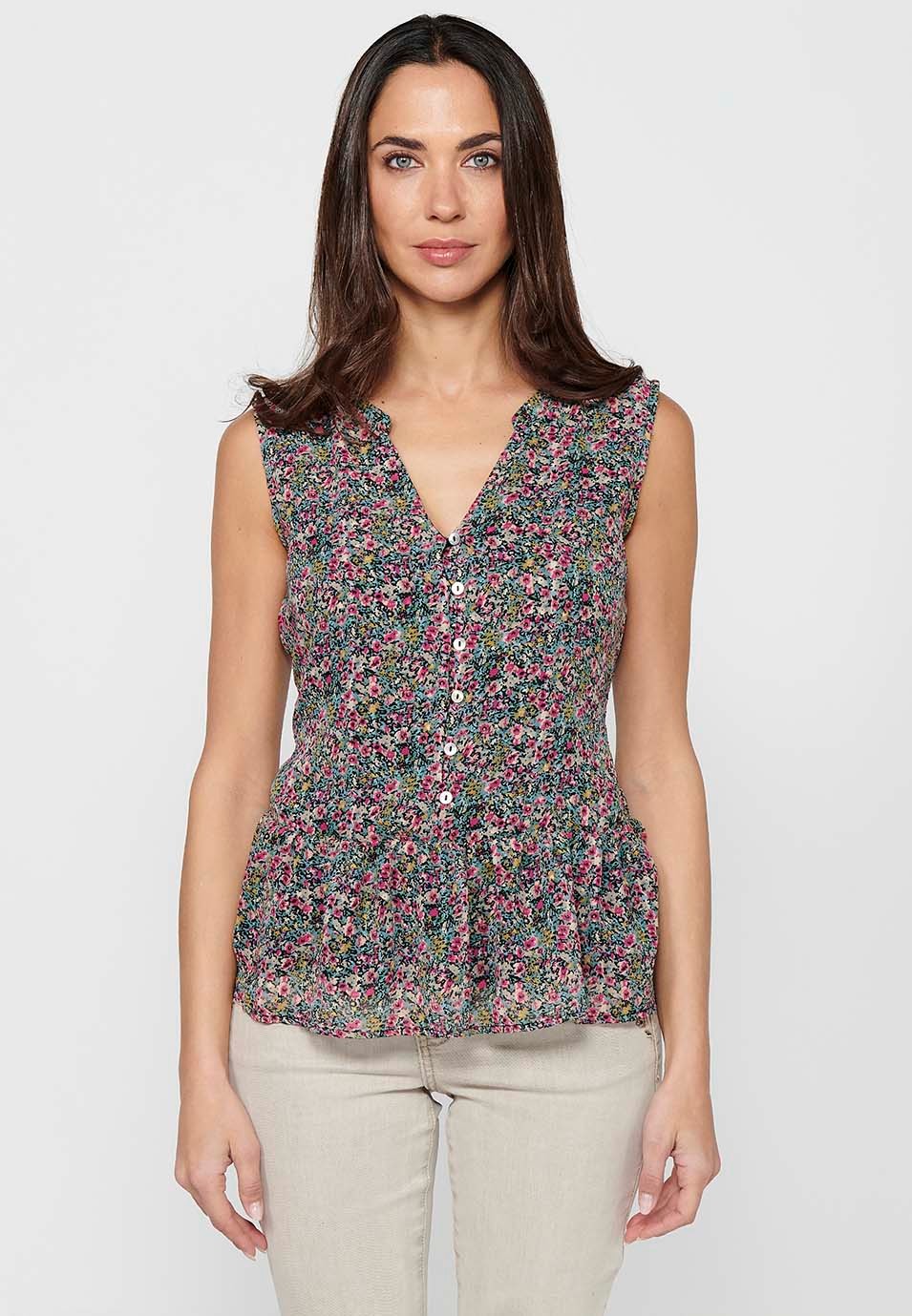 Ärmellose Bluse mit V-Ausschnitt und Blumendruck mit Rüschen und Knopfdetails vorne in Mehrfarbig für Damen 4