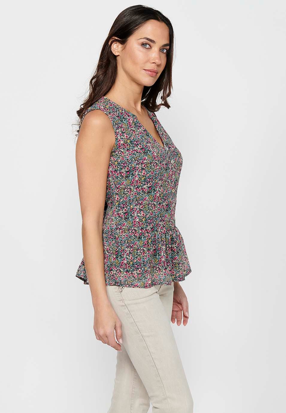 Ärmellose Bluse mit V-Ausschnitt und Blumendruck mit Rüschen und Knopfdetails vorne in Mehrfarbig für Damen 3