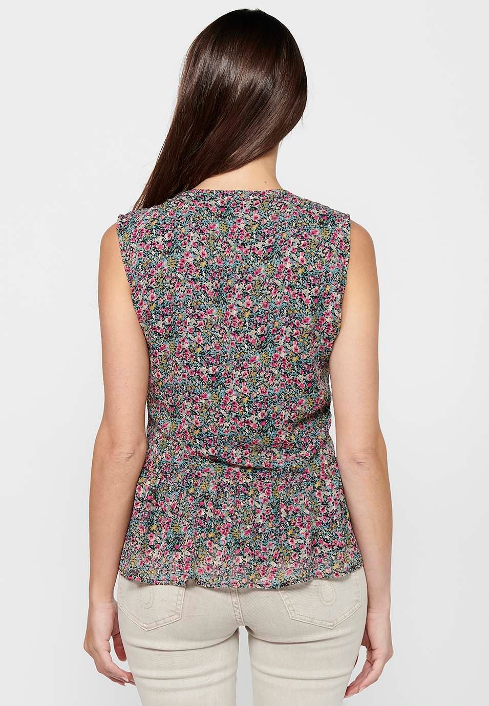 Ärmellose Bluse mit V-Ausschnitt und Blumendruck mit Rüschen und Knopfdetails vorne in Mehrfarbig für Damen 6