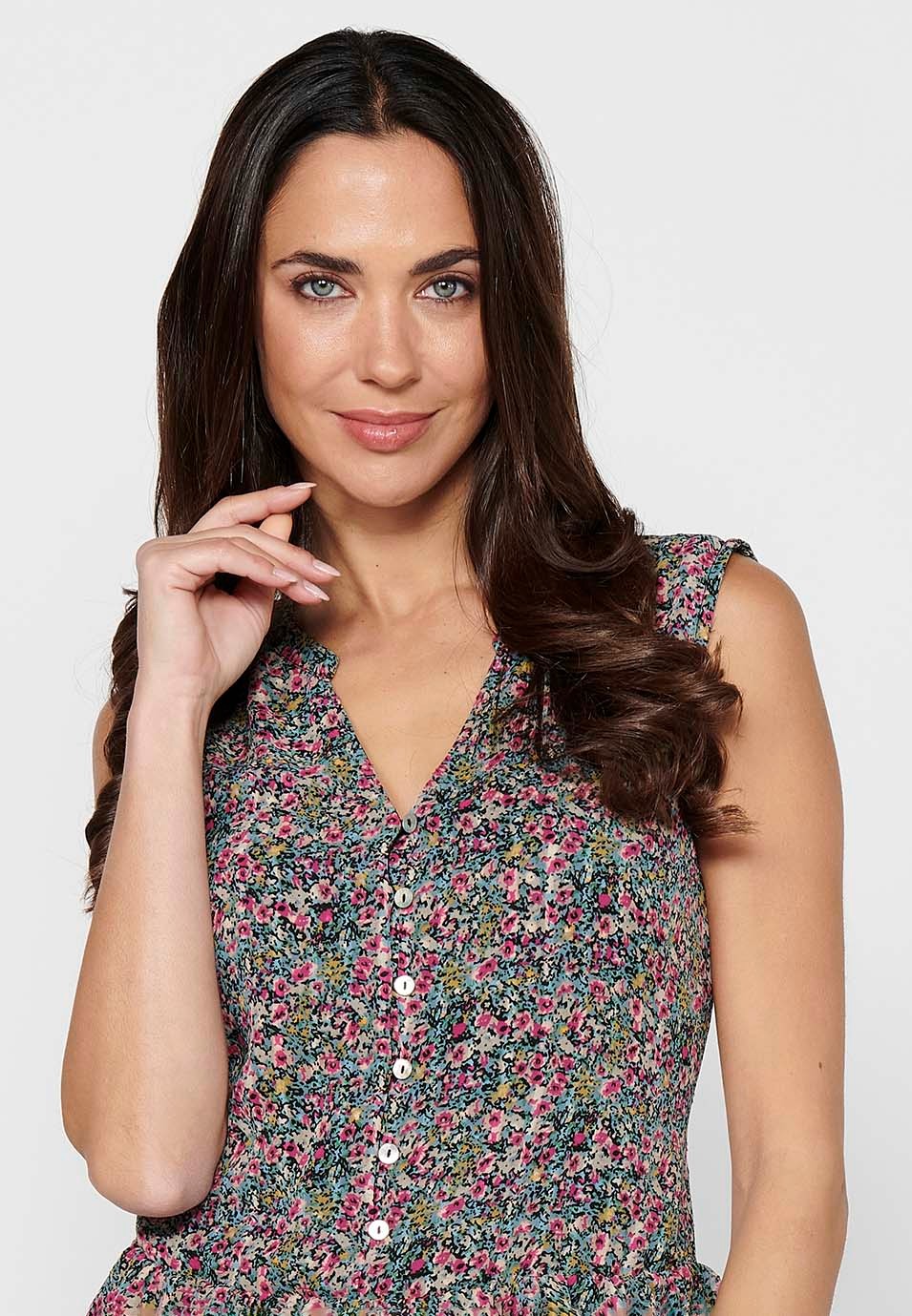 Ärmellose Bluse mit V-Ausschnitt und Blumendruck mit Rüschen und Knopfdetails vorne in Mehrfarbig für Damen 5