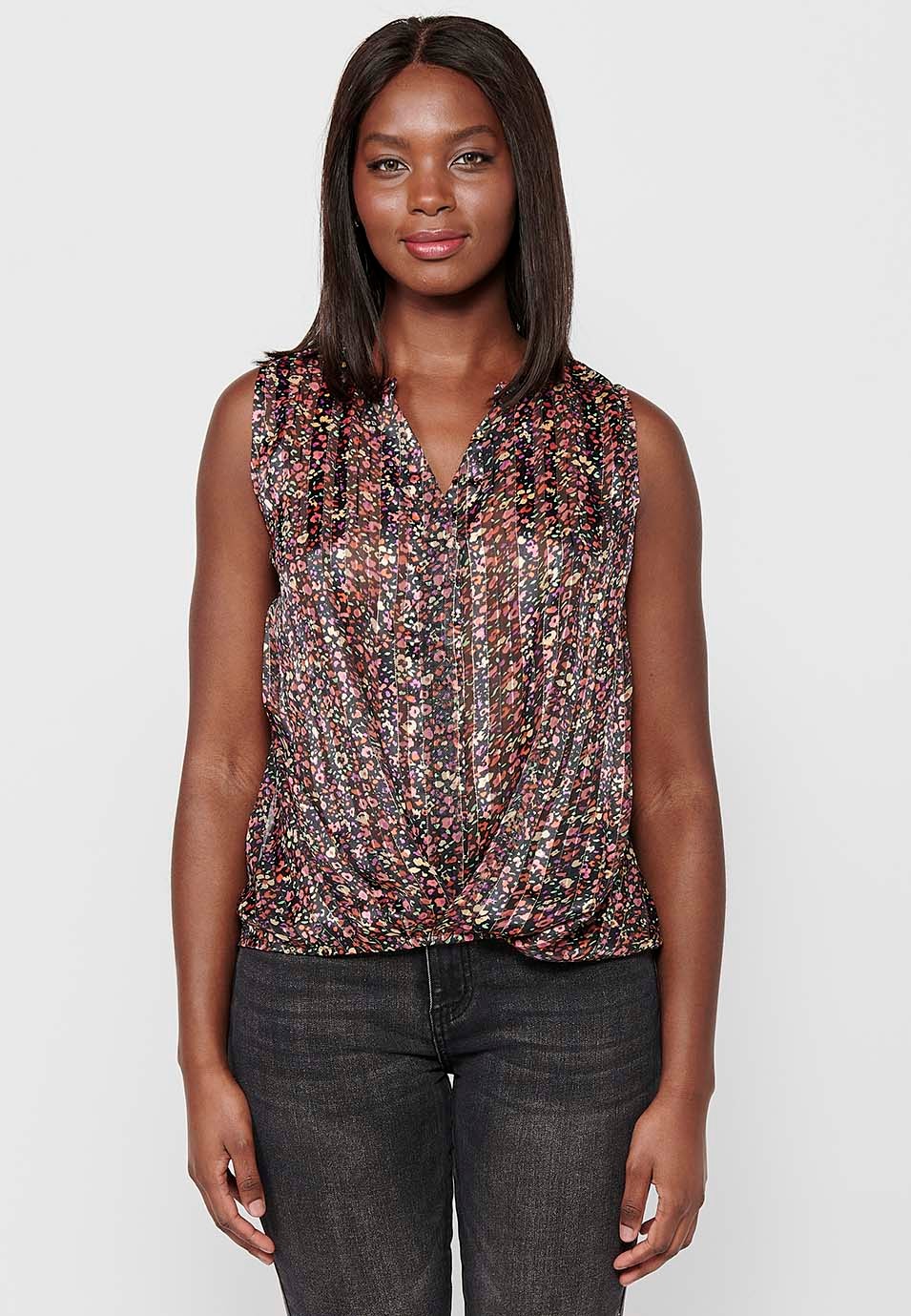 Loose Sleeveless V-Neck Blouse with Front Detail and Multicolor Striped Floral Print for Women