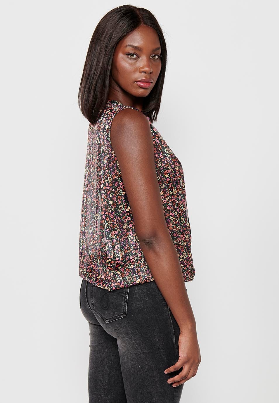 Loose Sleeveless V-Neck Blouse with Front Detail and Multicolor Striped Floral Print for Women