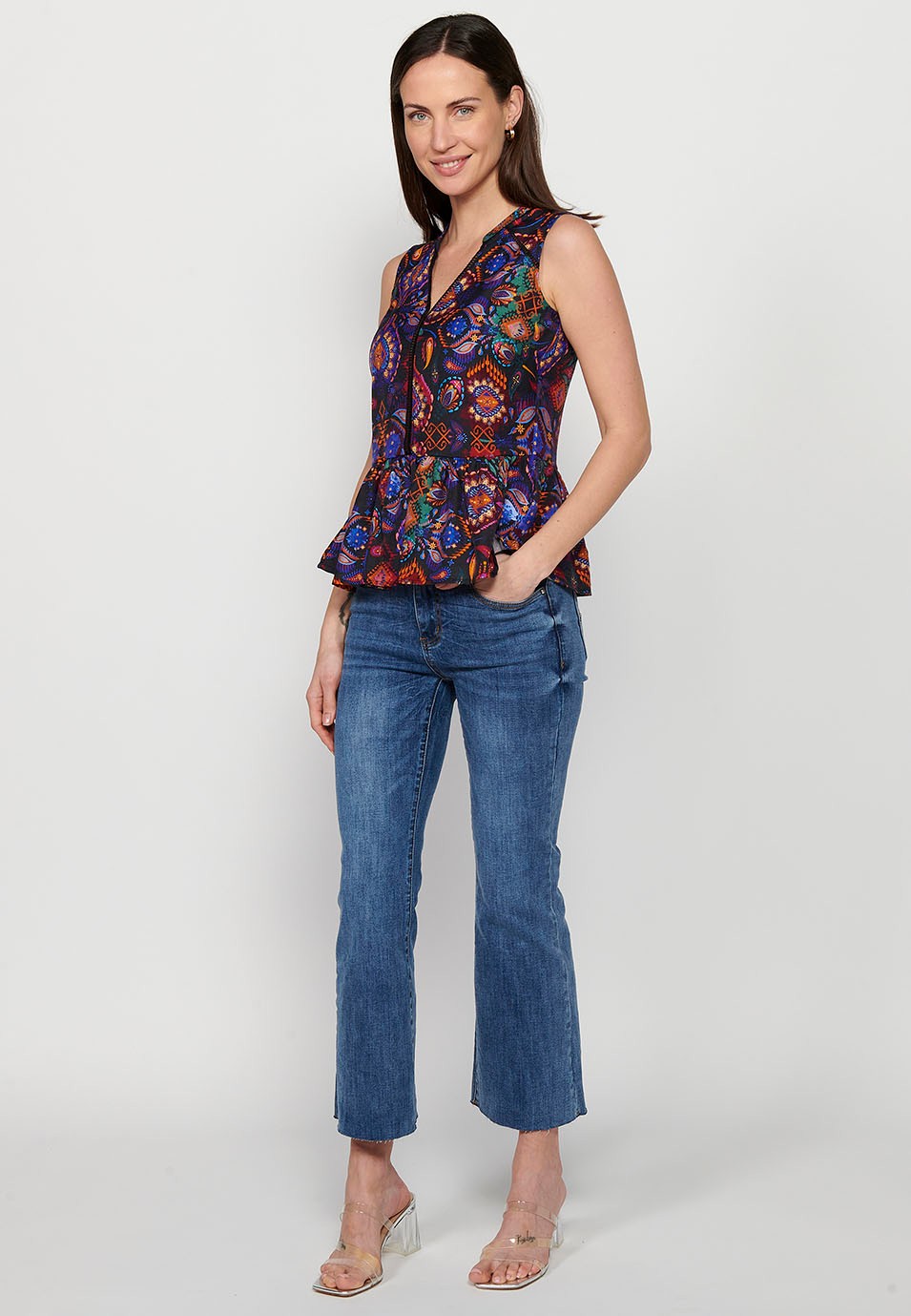 Sleeveless blouse, V-neckline, multicolored floral print for women