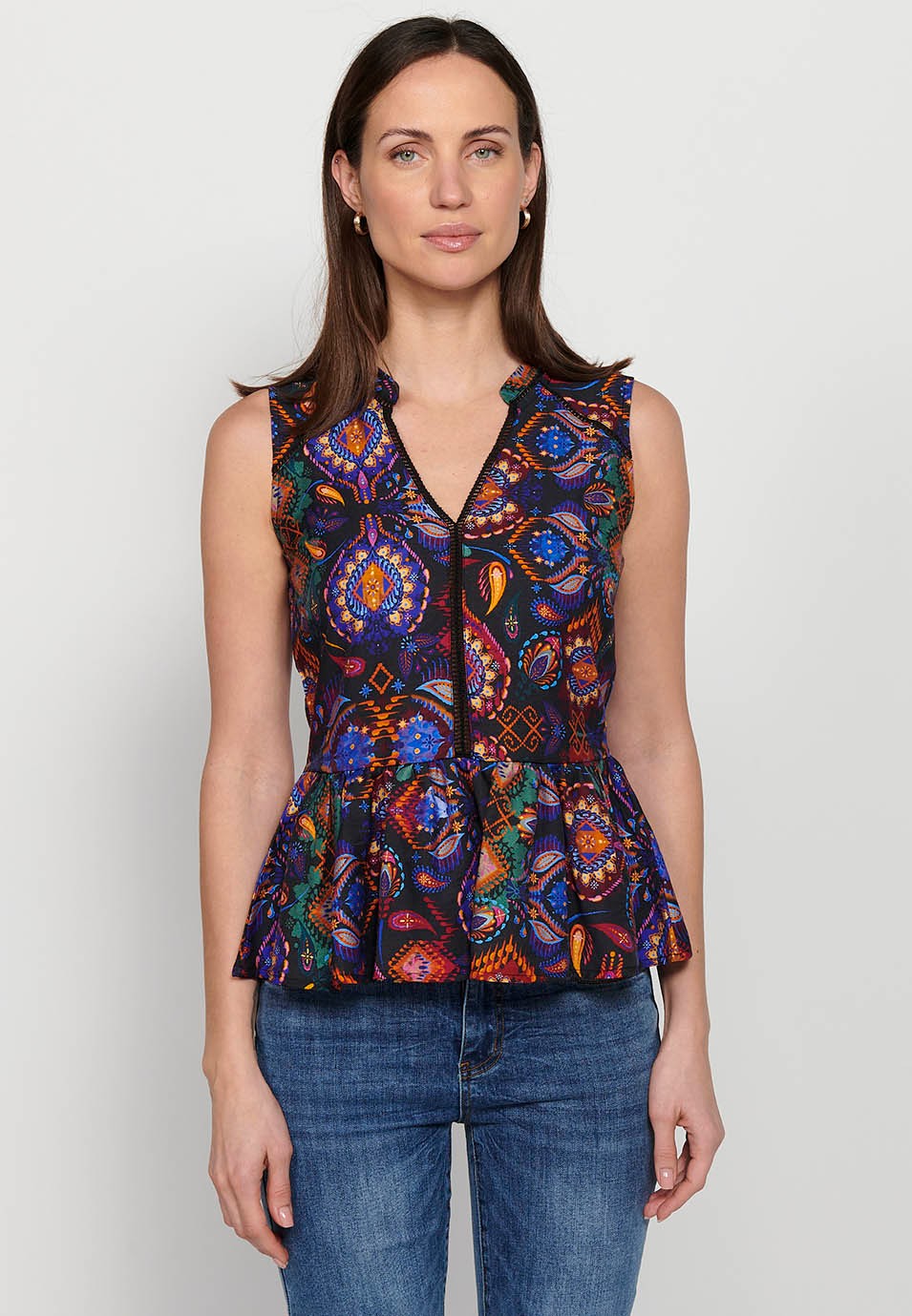 Sleeveless blouse, V-neckline, multicolored floral print for women