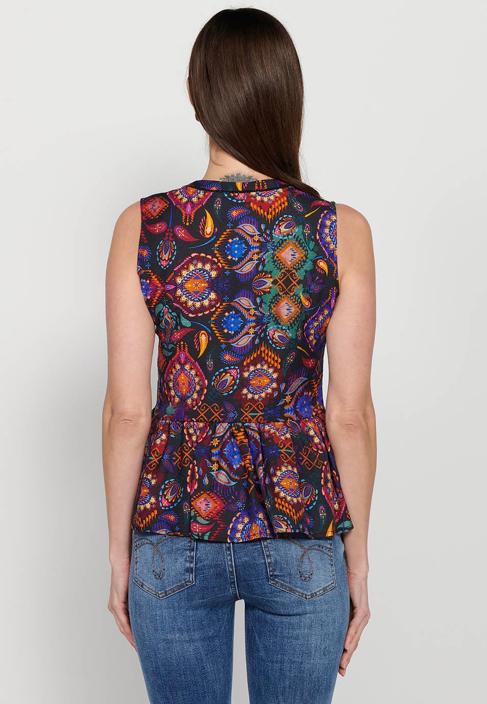 Ärmellose Bluse mit V-Ausschnitt und mehrfarbigem Blumendruck für Damen