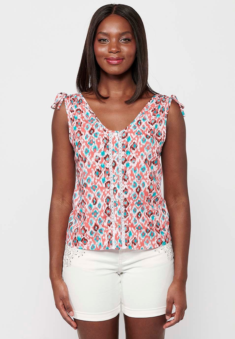 Damen-Bluse mit mehrfarbigem geometrischem Aufdruck, V-Ausschnitt und Kordelzug am Rücken, faltig, breite Träger 1