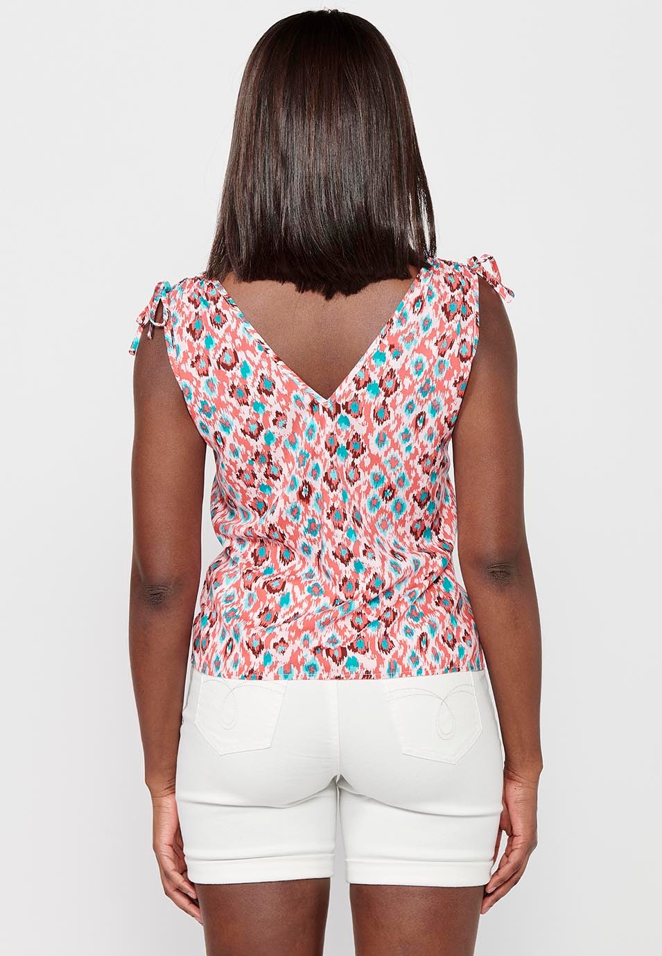 Women's Multicolor Geometric Print V-Neckline and Back Drawstring Wrinkled Wide Strap Blouse 5