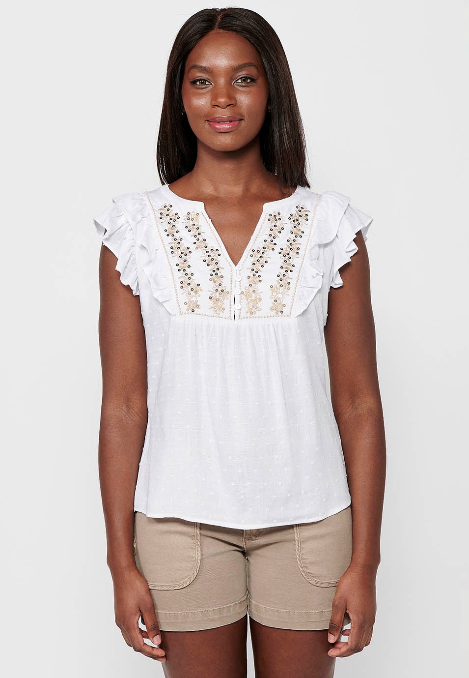 Blouse with short sleeve ruffle with front embroidery detail in White for Women