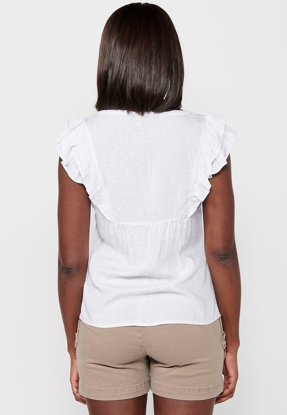 Blouse with short sleeve ruffle with front embroidery detail in White for Women