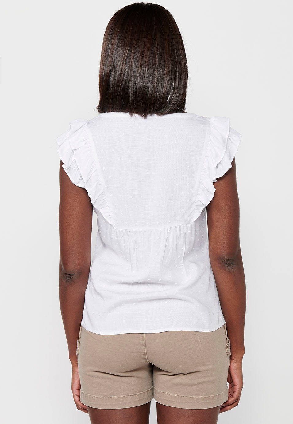 Blouse à volants à manches courtes avec détail brodé sur le devant en Blanc pour Femme