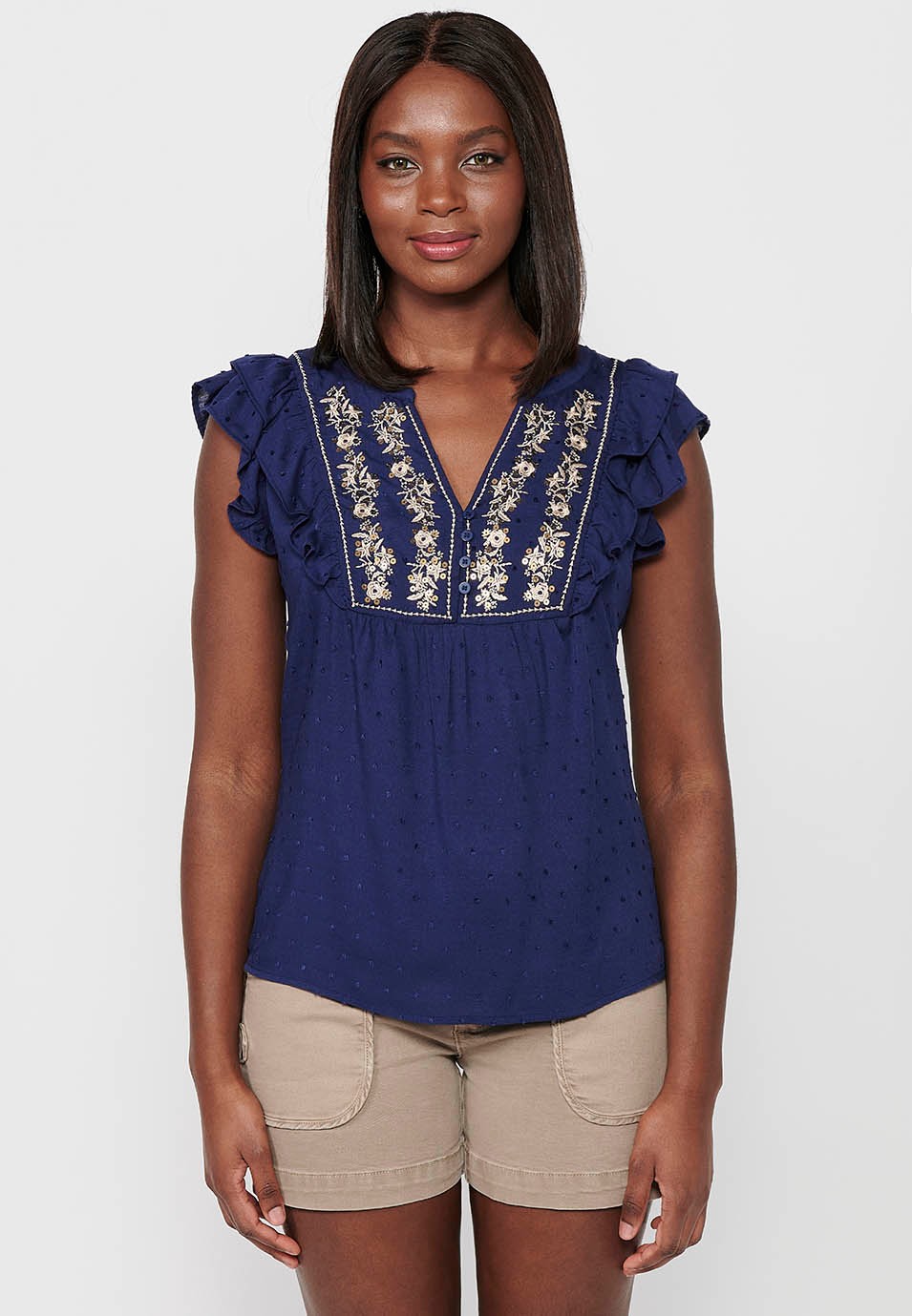 Navy Color Blouse with short ruffle sleeves and front embroidery detail for Women