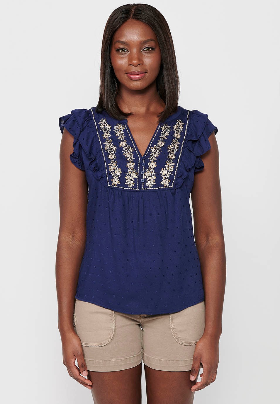 Blusa con manga corta volante de Detalle bordado delantero de Color Navy para Mujer 