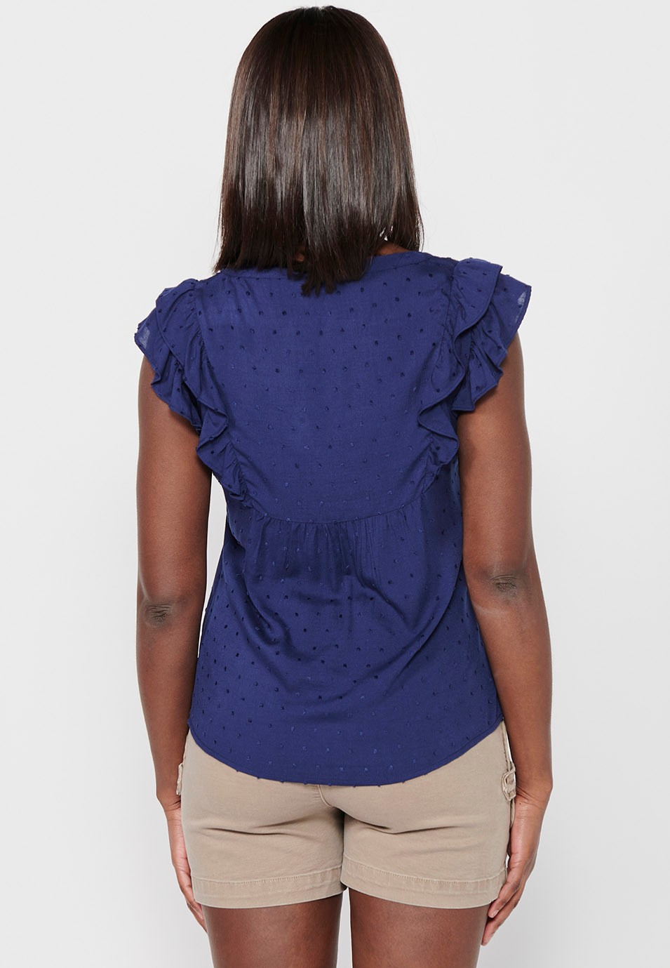 Marineblaue Bluse mit kurzen Rüschenärmeln und Stickerei vorne für Damen