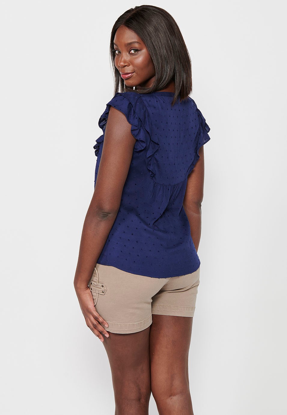 Navy Color Blouse with short ruffle sleeves and front embroidery detail for Women