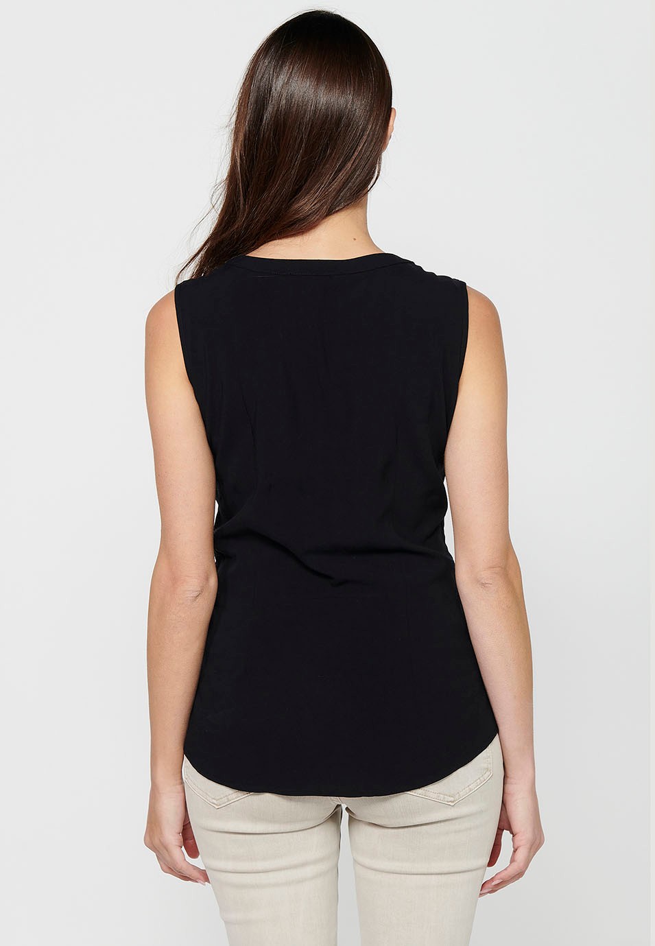 Ärmellose Bluse mit V-Ausschnitt und Frontverschluss mit Knöpfen mit gesticktem Frontdetail in Schwarz für Damen 7