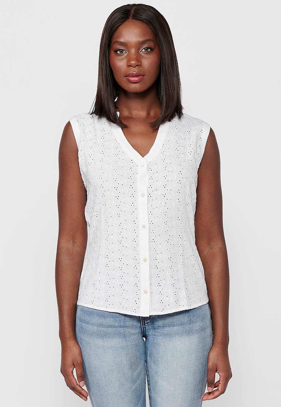 Blusa sin mangas de Algodón con Cierre delantero con botones de Color Blanco para Mujer
