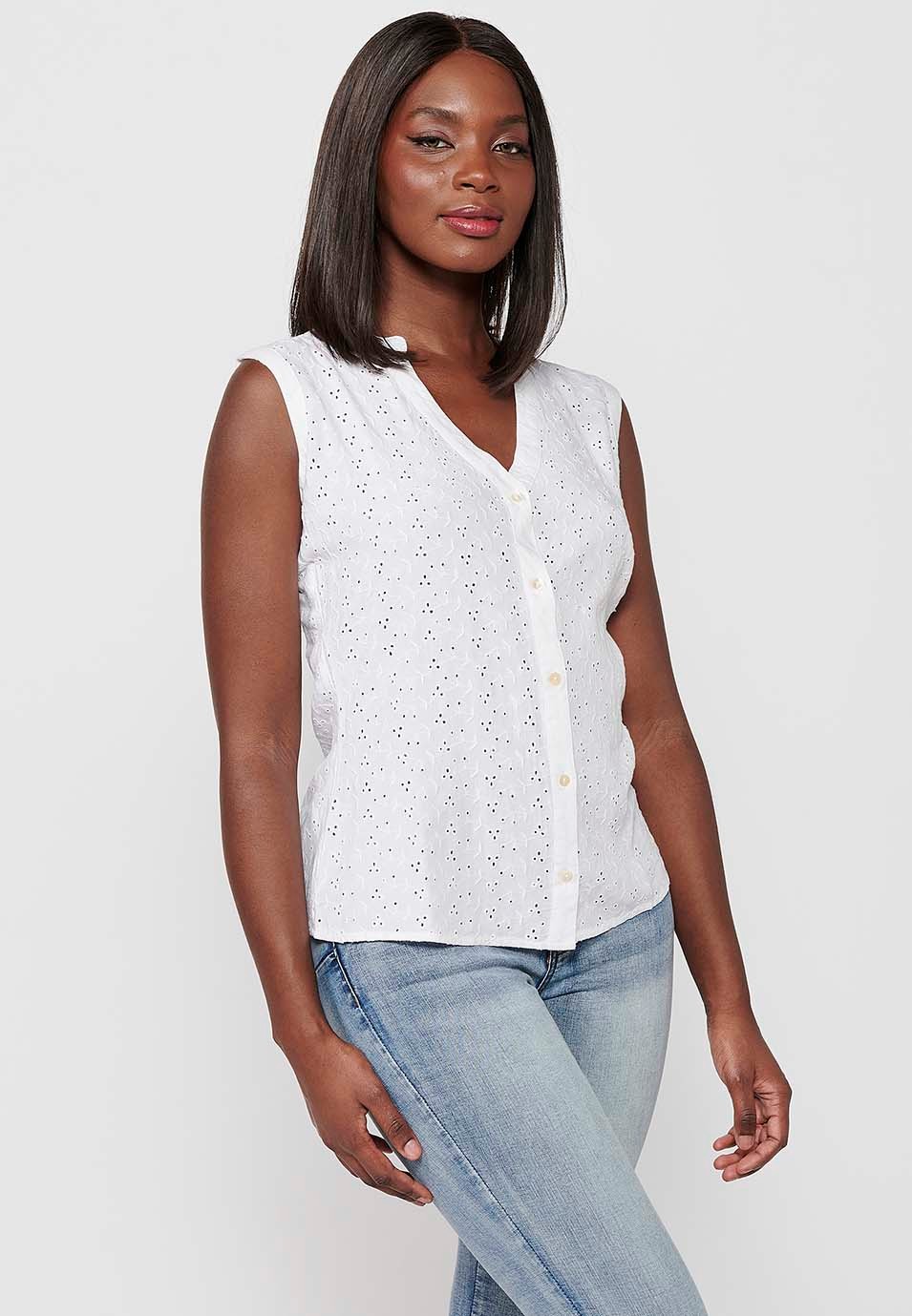 Blouse en coton sans manches avec fermeture sur le devant et boutons blancs pour femme 1