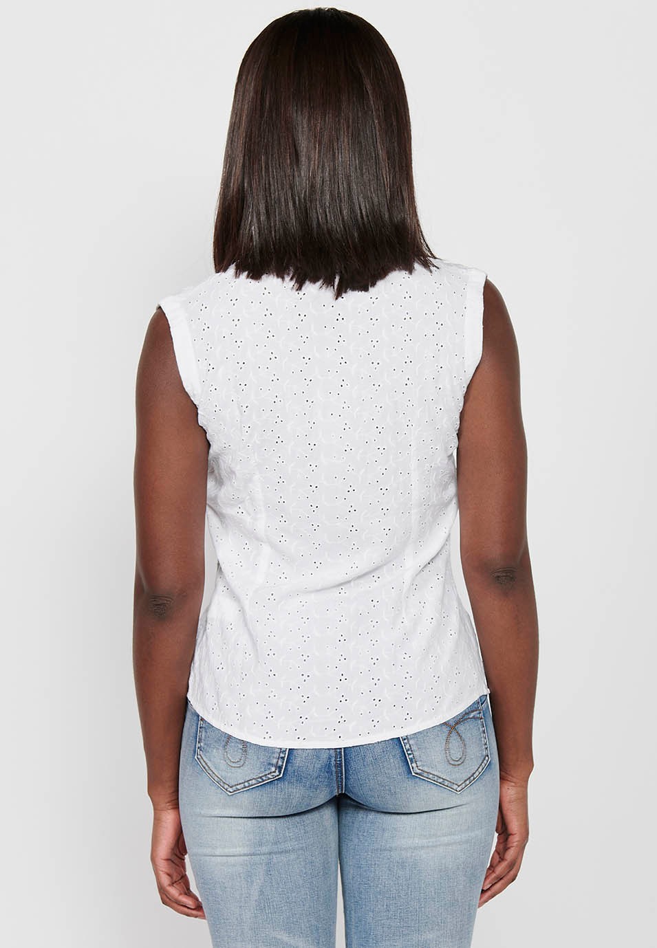 Blouse en coton sans manches avec fermeture sur le devant et boutons blancs pour femme 2