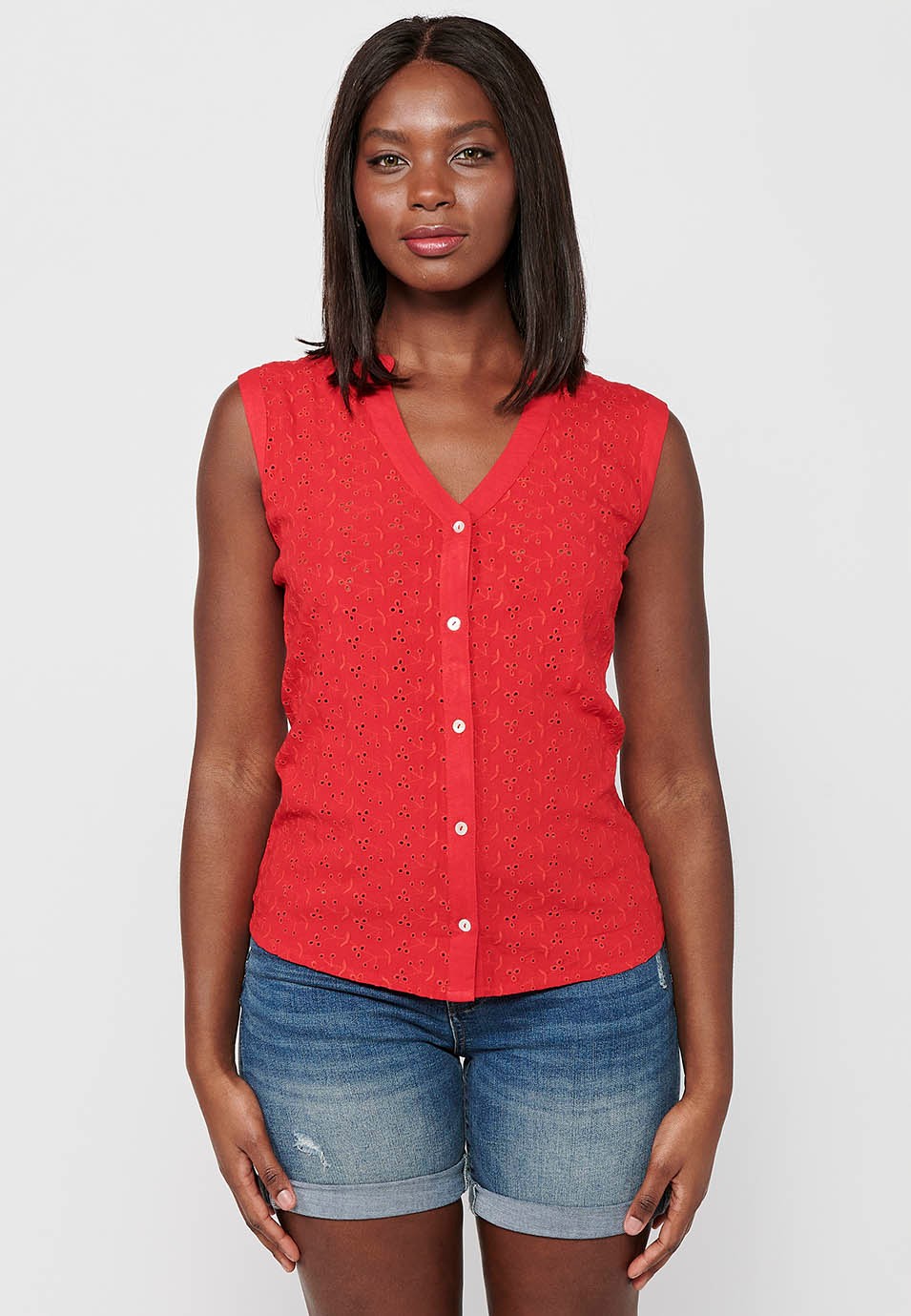 Sleeveless Cotton Blouse with Front Closure with Red Buttons for Women 4