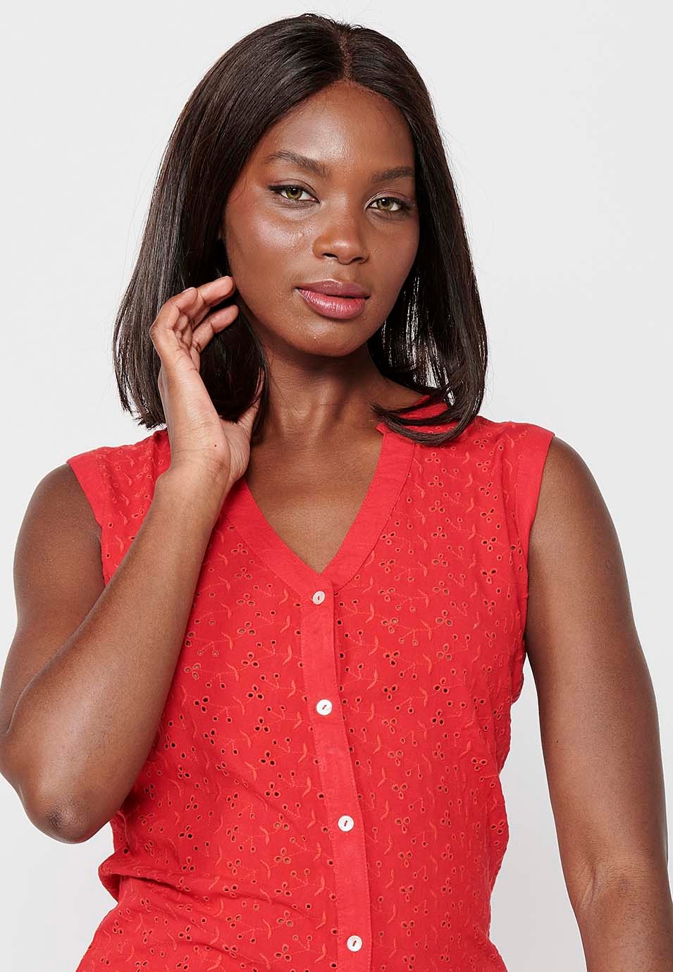Sleeveless Cotton Blouse with Front Closure with Red Buttons for Women 8