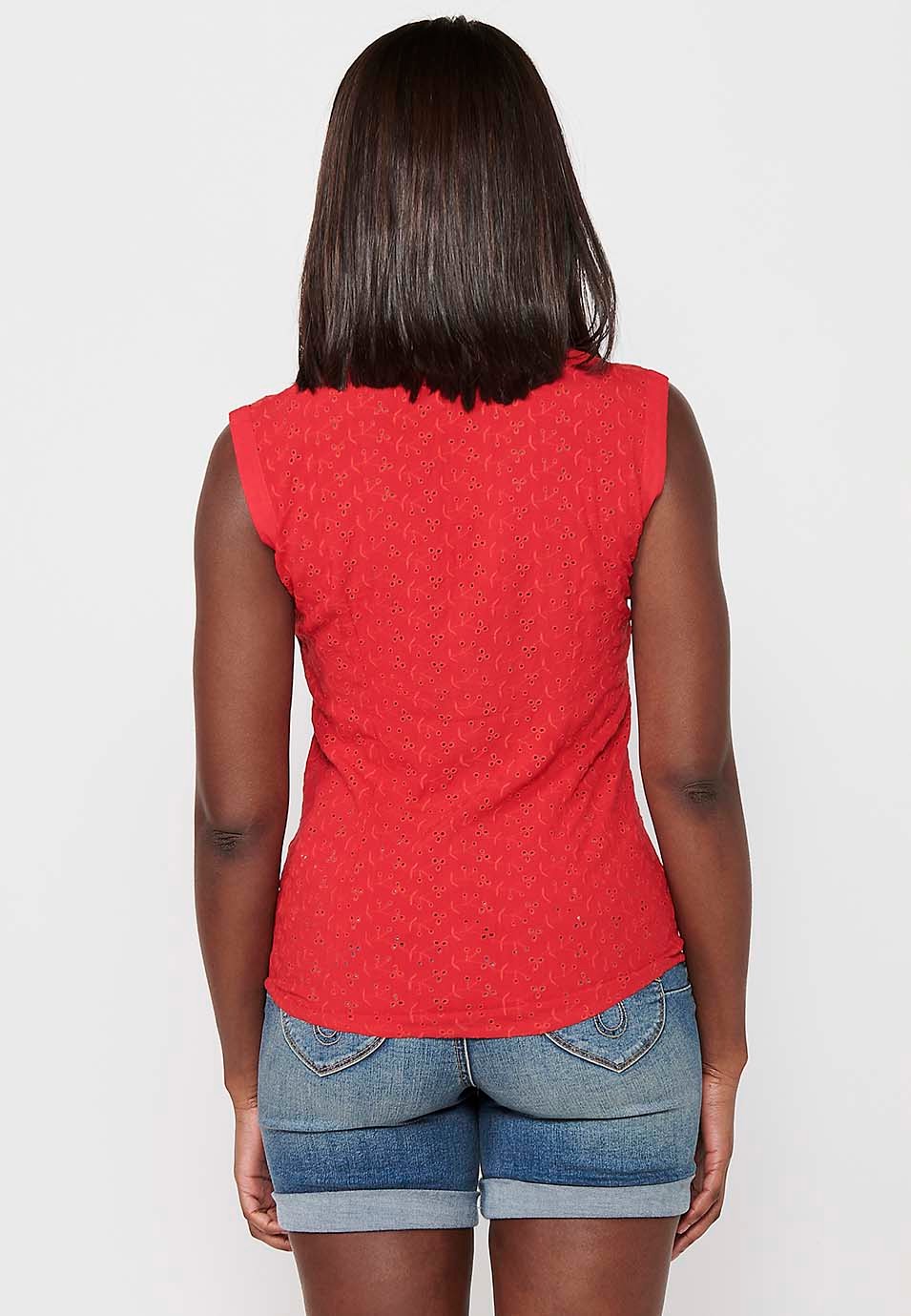 Blusa sin mangas de Algodón con Cierre delantero con botones de Color Rojo para Mujer 2