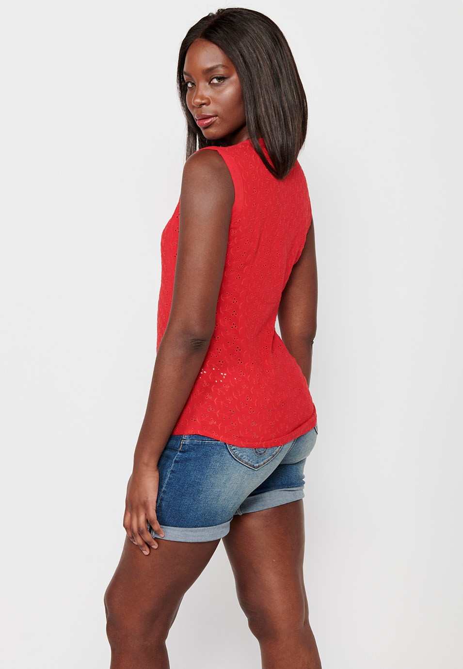 Blouse en coton sans manches avec fermeture sur le devant avec boutons rouges pour femme 7