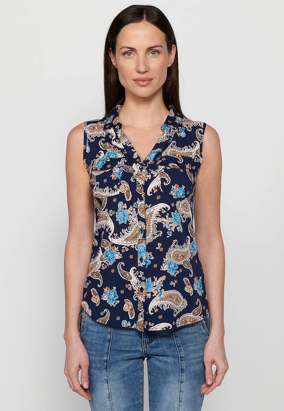 Women's Sleeveless Blouse, V Neck, Button Front Closure, Blue Floral Print 1