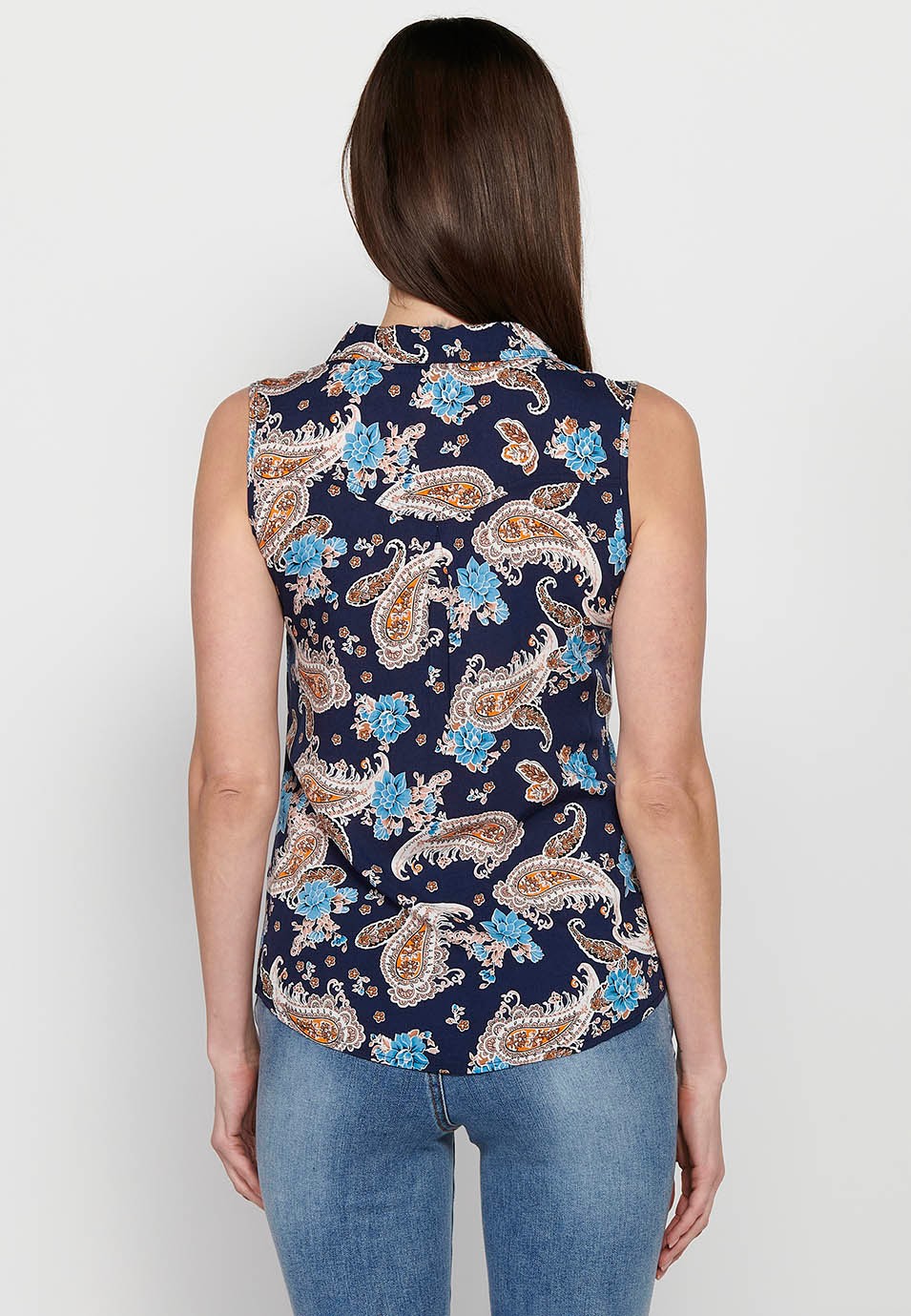 Women's Sleeveless Blouse, V Neck, Button Front Closure, Blue Floral Print 4