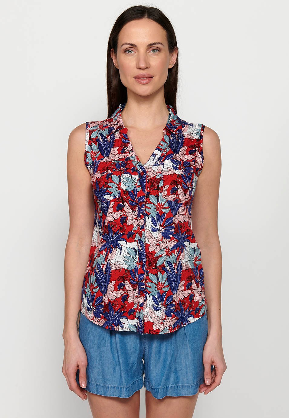 Women's Sleeveless V Neck Button Front Closure Floral Print Blouse Tops
