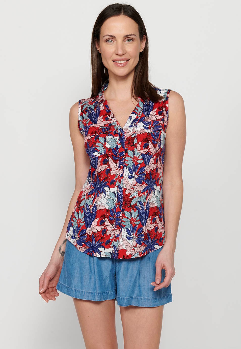 Women's Sleeveless V Neck Button Front Closure Floral Print Blouse Tops