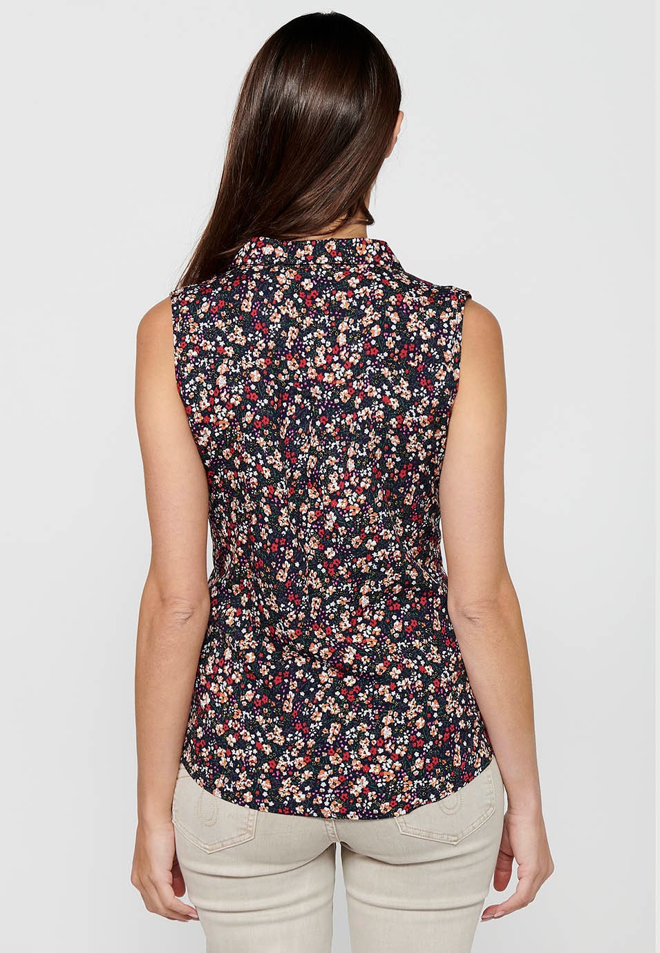 Blouse sans manches, col V, fermeture boutonnée sur le devant, imprimé floral pour femme en Marine 5