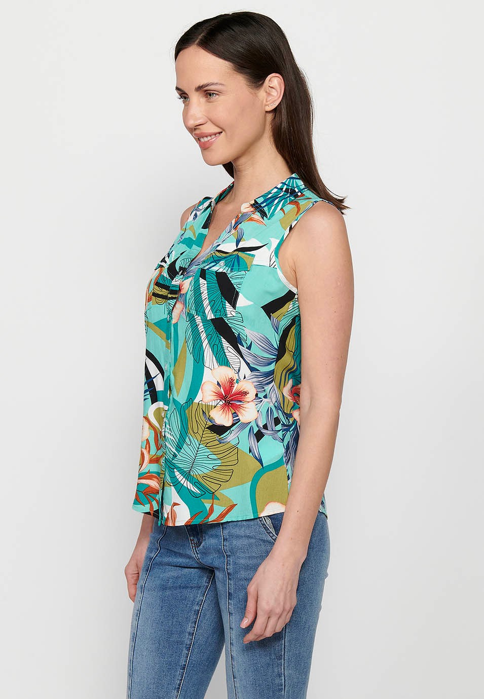 Brusa sense mànigues, coll V, tanca de davant amb botons, estampat floral per a dona