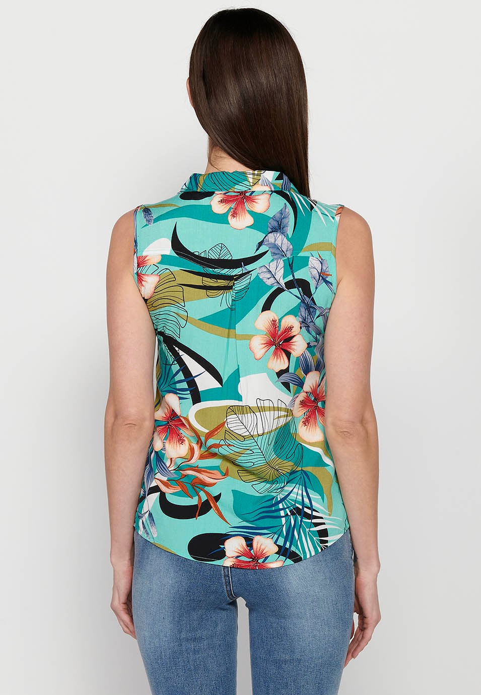 Brusa sense mànigues, coll V, tanca de davant amb botons, estampat floral per a dona