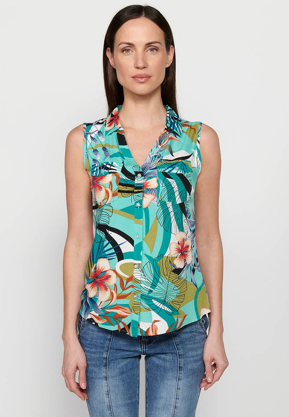 Women's Sleeveless V Neck Button Front Closure Floral Print Blouse Tops