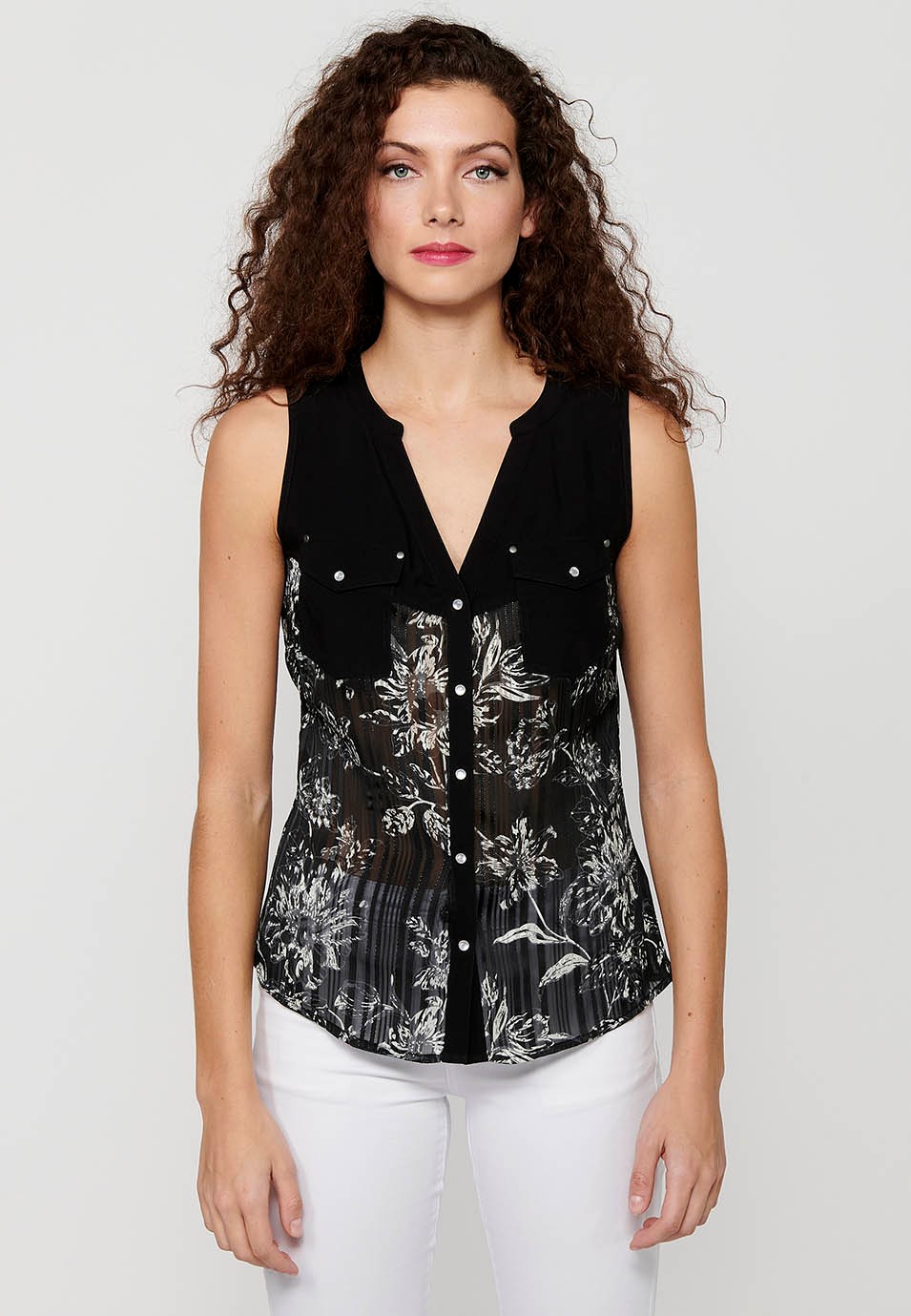 Sleeveless Blouse with Shirt Neckline and Black Floral Print for Women